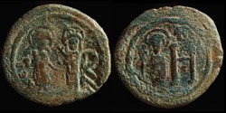 Contremarque d'Héraclius (c610) sur follis de Justin II et Sophie émis à Cherson (565-578)