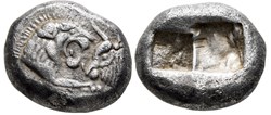 Royaume de Lydie / Hémistatère Siglos / Protomés de taureau et de lion affrontés.