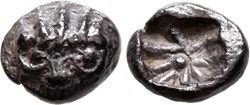 Asie Mineure-Incertaine-Obole-Tête de lion stylisée / Carré creux avec un dessin géométrique