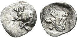 Cyzique-Hémiobole- Protomé de sanglier à gauche / Tête de lion à gauche.
