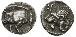 Cyzique / Obole / Protomé de sanglier à gauche - Tête de lion à gauche.