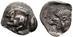 Cyzique / Hémiobole / Protomé de sanglier à gauche - Tête de lion à gauche.