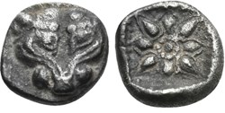 M Milet / 1/16eme de statère / Tête de Lion - Motif Stéllaire dans carré creux