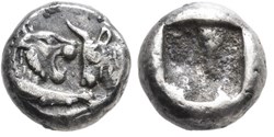 Royaume de Lydie / Vingt-quatrieme de statère / Protomés de taureau et de lion affrontés.