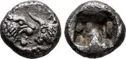 M Royaume de Lydie / Vingt-quatrieme de statère / Protomés de taureau et de lion affrontés.