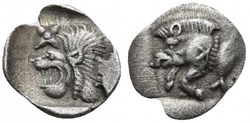Cyzique / Hémiobole / Protomé de sanglier à gauche - Tête de lion à gauche.