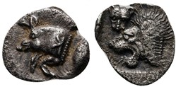 Cyzique / Hémiobole / Protomé de sanglier à gauche - Tête de lion à gauche.