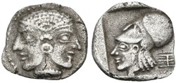 Lampsaque / Obole / Têtes de femme janiforme portant la taenia / Tête d’Athéna à gauche.