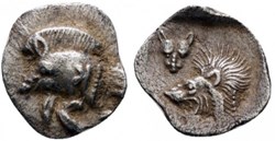*Cyzique / Hémiobole / Protomé de sanglier à gauche - Tête de lion à gauche.