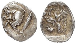 *Cyzique / Hémiobole / Protomé de sanglier à gauche - Tête de lion à gauche.