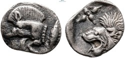Cyzique / Hémiobole / Protomé de sanglier à gauche - Tête de lion à gauche.