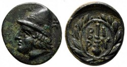 Birythis-Quart d'Unité - Tête imberbe de Kabeiros - Massue dans une couronne d’olivier.