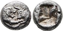 Royaume de Lydie / Douzieme de statère / Protomés de taureau et de lion affrontés.
