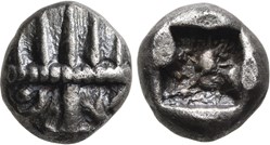 Asie Mineure-Incertaine-Diobole-Face à tête de lion, coiffé d'une couronne radiée / Carré creux.