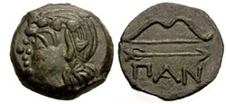 PAN06 / Chersonèse Taurique - Panticapée / Unité / Tête de satyre à gauche  - Arc et Fleche ΠAN.