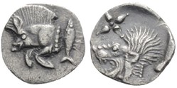 Cyzique / Hémiobole / Protomé de sanglier à gauche - Tête de lion à gauche.