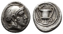 Ile de Lesbos /  Obole /  Tête d'Athéna casquée à droite - Canthare M-A-Θ.