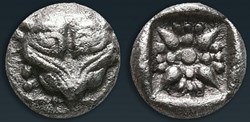 M Milet / 1/32 eme de statère / Tête de Lion - Motif Stéllaire dans carré creux