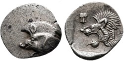 Cyzique / Hémiobole / Protomé de sanglier à gauche - Tête de lion à gauche.