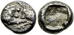 Royaume de Lydie / Douzieme de statère / Protomés de taureau et de lion affrontés.