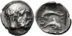 M Thasos / Tritartemorion / Tête de Silène à droite - Deux dauphins superposés et opposés Q-A.