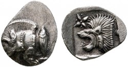 *Cyzique / Hémiobole / Protomé de sanglier à gauche - Tête de lion à gauche.