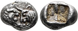 Royaume de Lydie / Vingt-quatrieme de statère / Protomés de taureau et de lion affrontés.