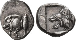 *Cyzique / Hémiobole / Protomé de sanglier à gauche - Tête de lion à gauche.