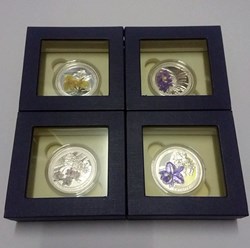 2016 - Commemorative Coin Thailand Orchids, Color Printed in polished silver, set of 4 coins