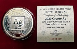 2020 - 2 Oz. .999 Fine SILVER SHIELD PROOF CRYPTO AG Mini Mintage ROUND COIN COA # 454