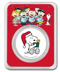 2023 - Peanuts® Snoopy Santa Holding Woodstock Colorized .999 Silver TEP & Velvet Bag