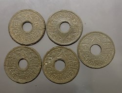 1942-1944 Thailand Set of 5 Coins (10 Satang) - Tin coin - Used, Vintage Condition