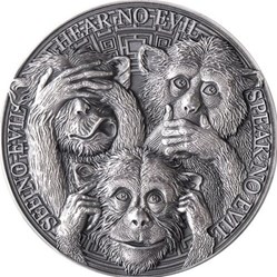 2022 - Three Wise Monkeys Life Quotes 1oz Coin 5 Cedis Republic of Ghana