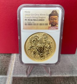 2022 China Cooper Gilded Proof Medal - GuanYin Ridding Dragon - NGC PF70 With Special Buddha