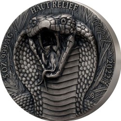 2022 - King Kobra Big Five Asia 5 oz Antique finish Silver Coin CFA Ivory Coast