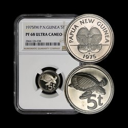 1975 - PAPUA NEW GUINEA. 5 Toea - NGC PF68 - Pig-Nosed Turtle 🐢