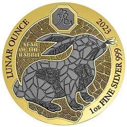 2023 - 1 Oz Silver 50 Francs Rwanda YEAR OF THE RABBIT Gilded Ruthenium Coin.