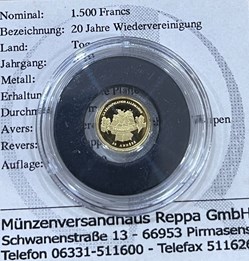 2012 - TOGO 1500 francs in 9999 gold (0.5g), PP - 20 years reunification