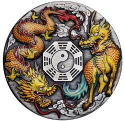 2022 2oz Dragon and Qilin with Bagua Silver Antiqued Coloured Coin