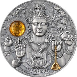 2023 - Vishnu Divine Faces of the Sun 3 oz Antique finish Silver Coin 5$ Niue