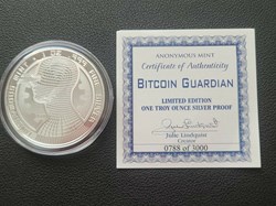 2009 - CRYPTO! BITCOIN GUARDIAN COMMEMORATIVE 1 OZ SILVER PROOF ROUND CAPSULE & COA