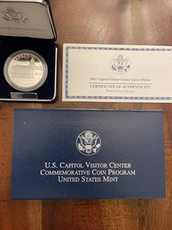 2001 US Capitol Visitor Center Silver Dollar Proof Silver Dollar Box and COA