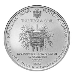 2023 - Nikola Tesla The Tesla Coil 1oz Silver 9999 Serbia 100 Dinar ST/BU