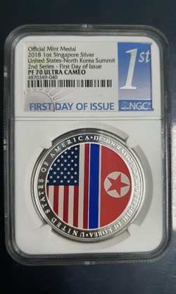 2018 Singapore Mint -US & North Korea Summit 1 oz Silver Medal NGC PF70 Ultra Cameo.