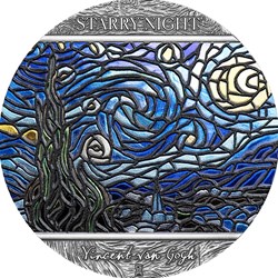 2022 - Starry Night Vincent Van Gogh Stained Glass Art 2 oz Silver Coin Ghana