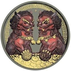 2020 - 1$ - Guardian Lions Pixiu - Dark Red & Gilded - 1 Oz Silver Coin