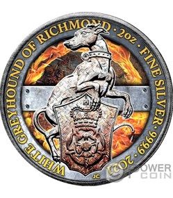 2021 - 2 OZ Silver Queen's Beasts White Greyhound Iron Power Edition In Box