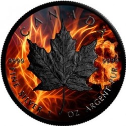 2018 Burning Maple Leaf, Colorized & Ruthenium Plated Coin