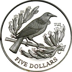 1995 New Zealand Five Dollar Silver Proof Coin Queen Elizabeth II Tui Bird