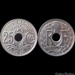 1928 - 25 cts tranche lisse
